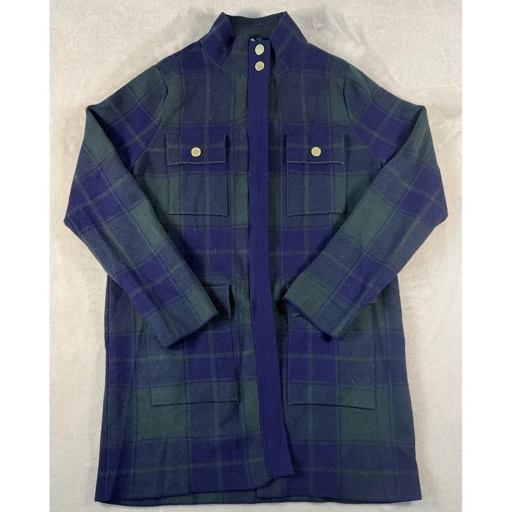 Anne Klein Plaid Sweater Jacket Womens Medium Blue Green Tartan Zip Up Mock Neck